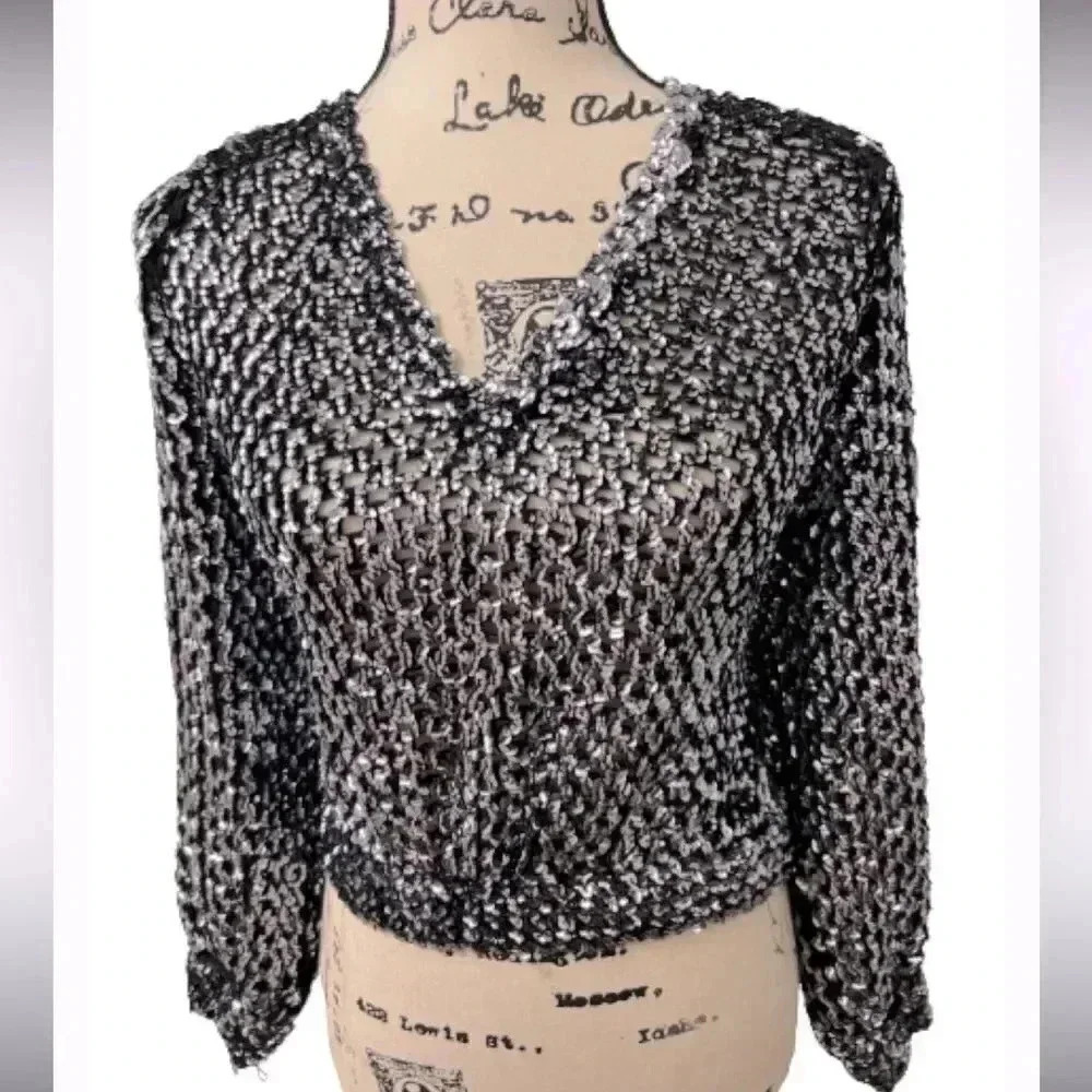 Vintage three FLAGGS SILVER METALLIC BLACK‎ SEQUIN TOP